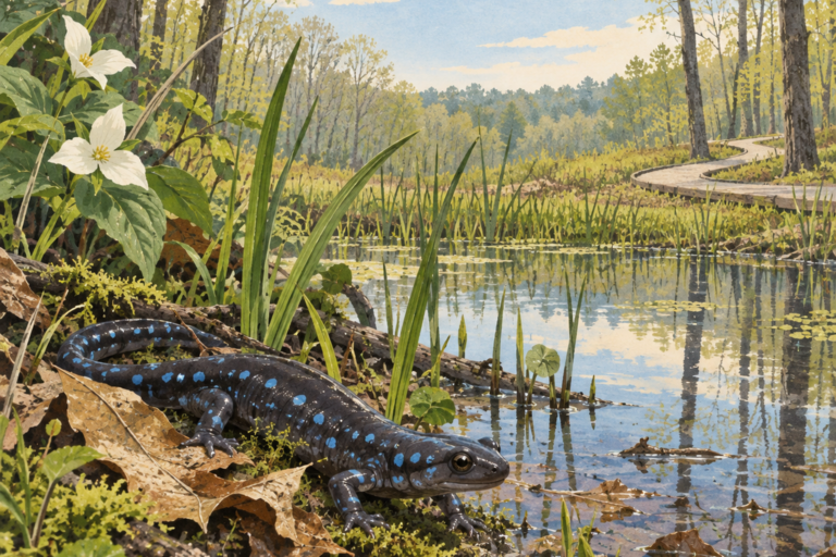 A blue-spotted salamander beside a woodland pool in restored habitat.