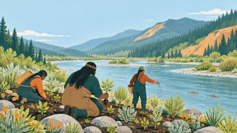 Indigenous restoration workers plant native seedlings beside a recovering river in a Pacific Northwest valley.