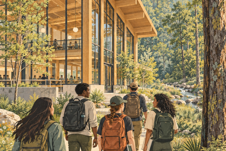 Students approaching a mass-timber conservation education building beside a forest.