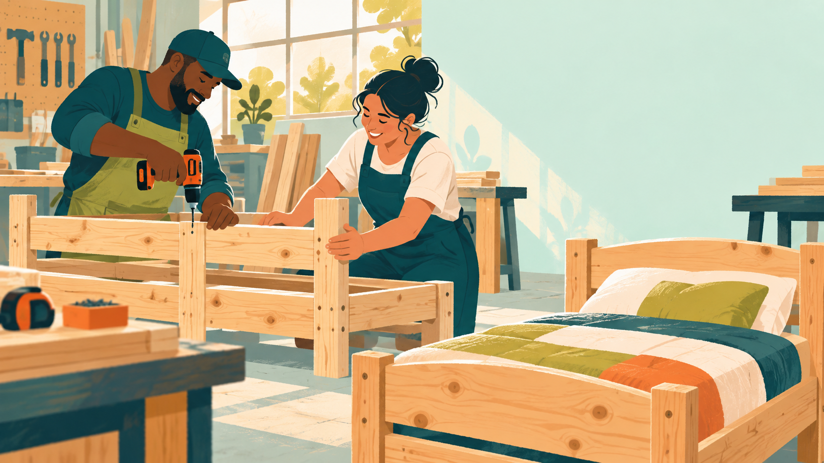 Volunteers assemble a child’s bed in a sunlit workshop, with a finished bed nearby.