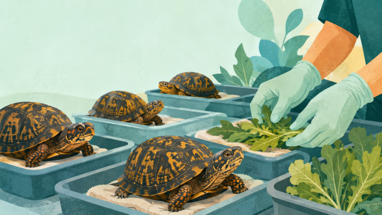 Conservation care scene with box turtles in recovery trays and gloved hands — original editorial illustration for The Good Daily.