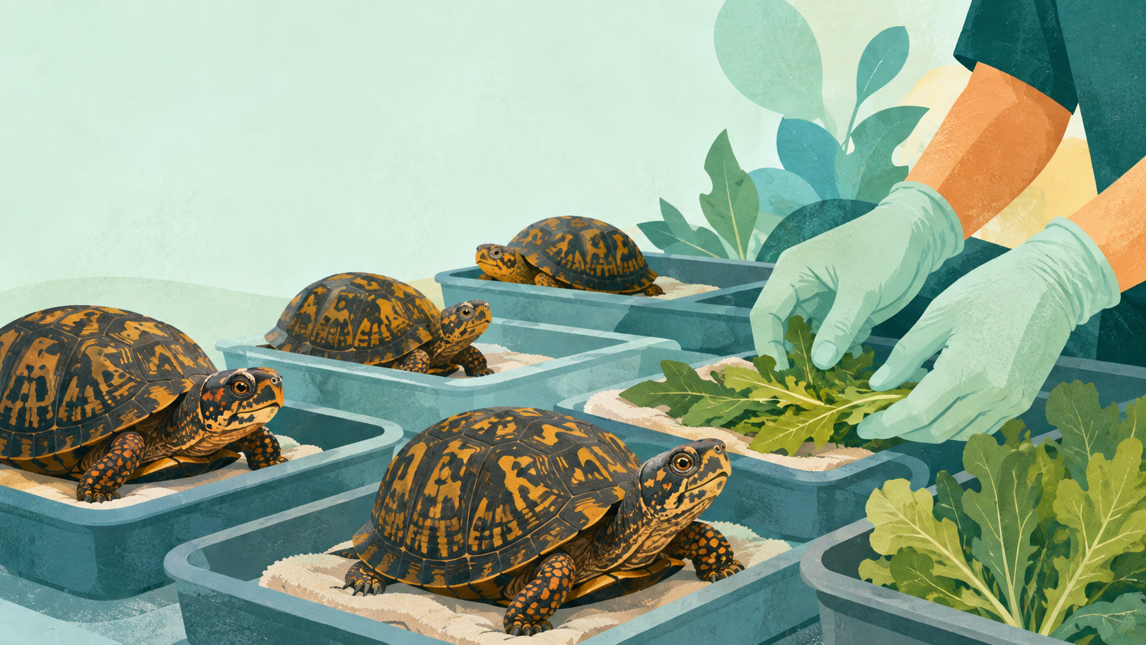 Conservation care scene with box turtles in recovery trays and gloved hands — original editorial illustration for The Good Daily.