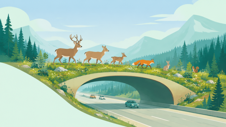 Wildlife moving over planted bridge above calm highway — original editorial illustration for The Good Daily.