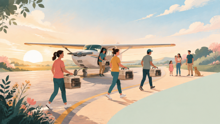 Small plane and volunteers moving plain pet carriers toward families — original editorial illustration for The Good Daily.
