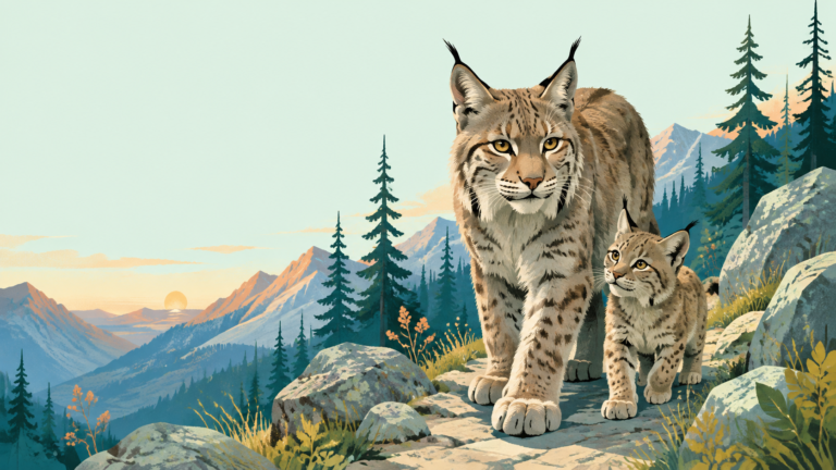 Mother lynx and kitten moving through simplified Colorado forest — original editorial illustration for The Good Daily.