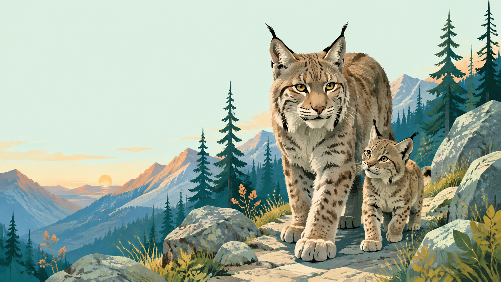 Mother lynx and kitten moving through simplified Colorado forest — original editorial illustration for The Good Daily.