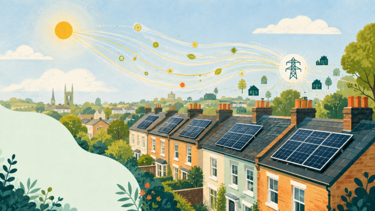 UK rooftops with solar panels sending soft energy shapes to community grid — original editorial illustration for The Good Daily.