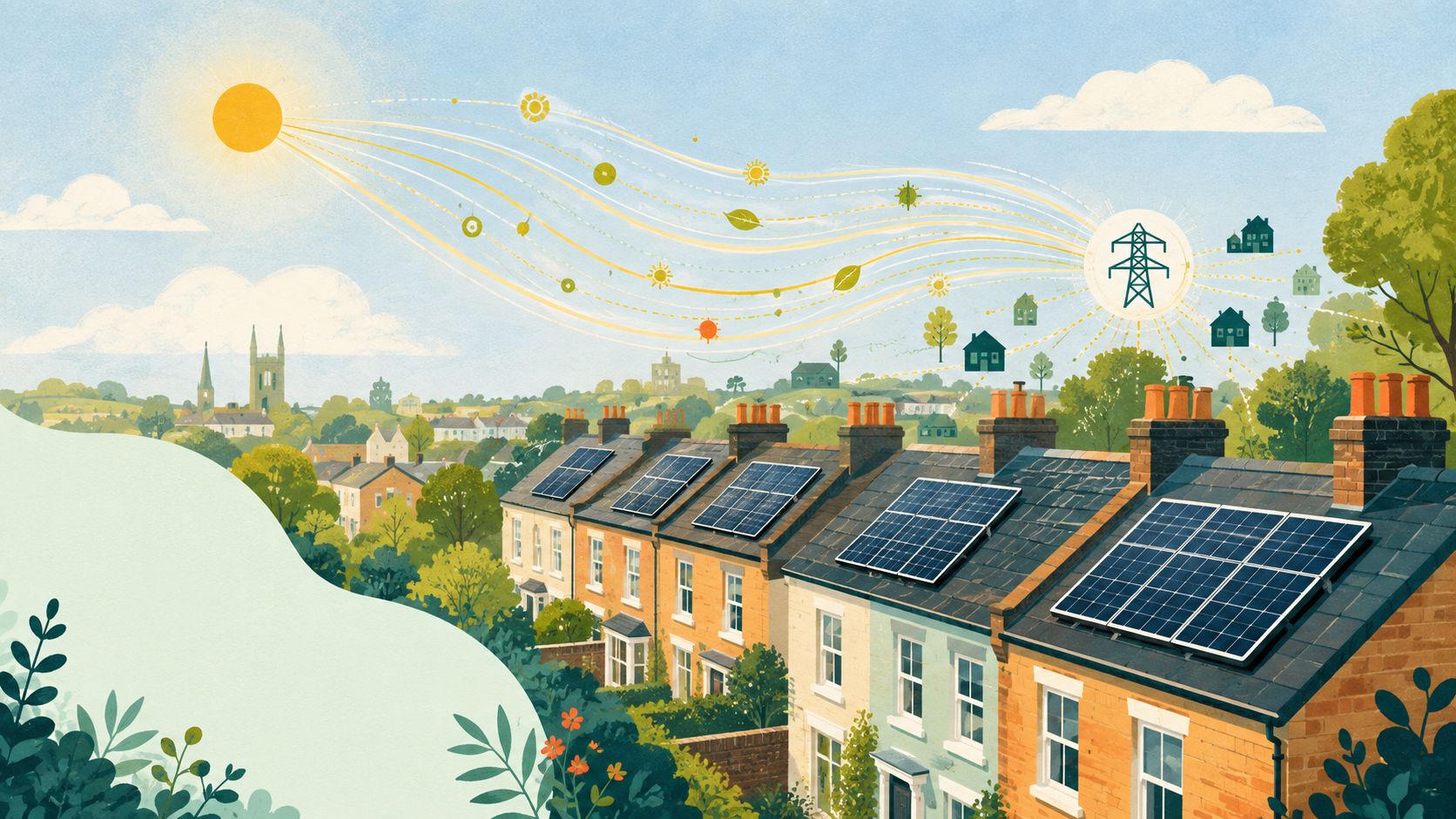 UK rooftops with solar panels sending soft energy shapes to community grid — original editorial illustration for The Good Daily.