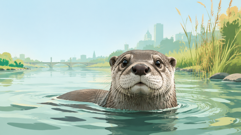 Otter surfacing in restored urban river with soft reeds and distant city — original editorial illustration for The Good Daily.