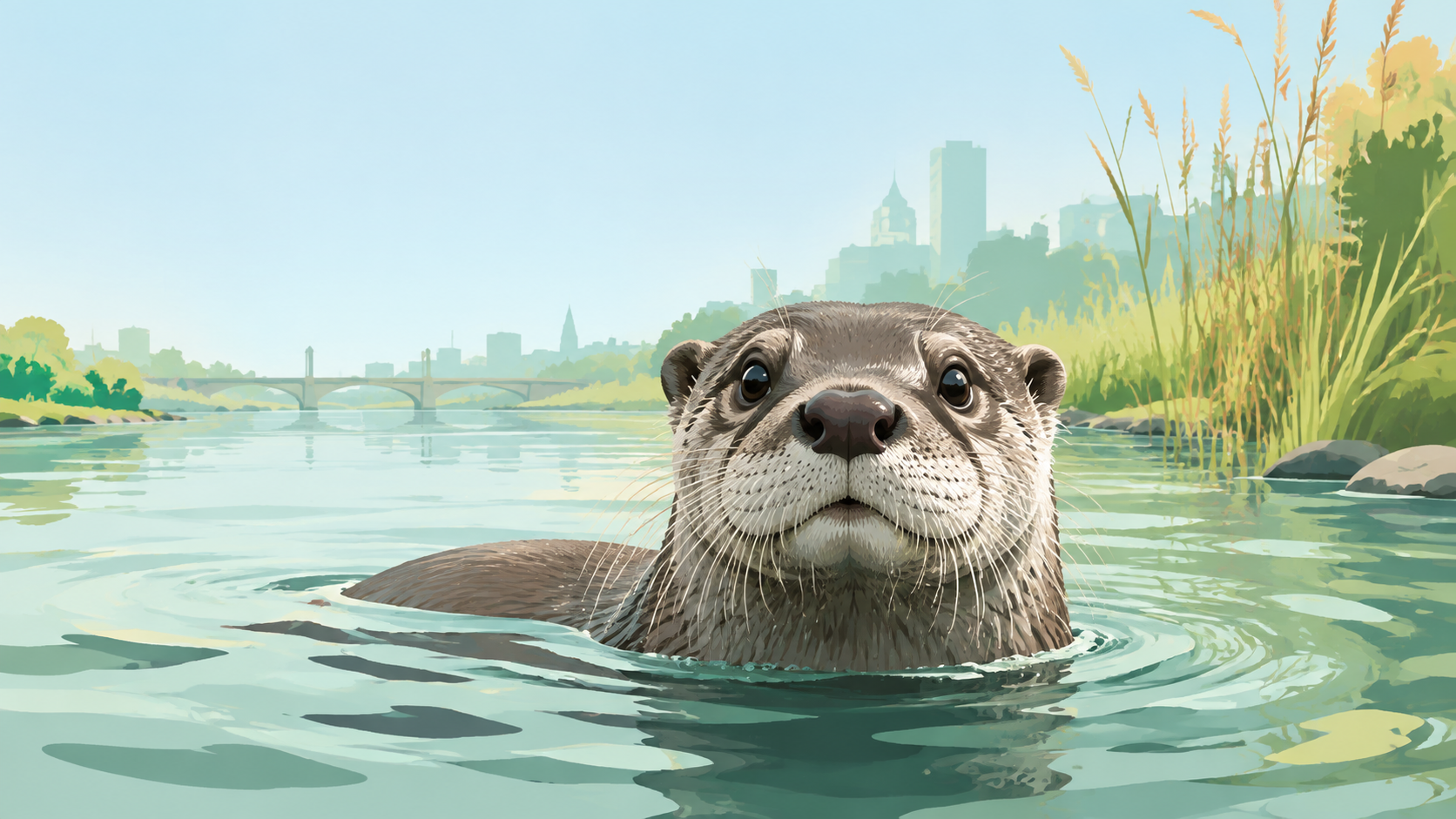 Otter surfacing in restored urban river with soft reeds and distant city — original editorial illustration for The Good Daily.
