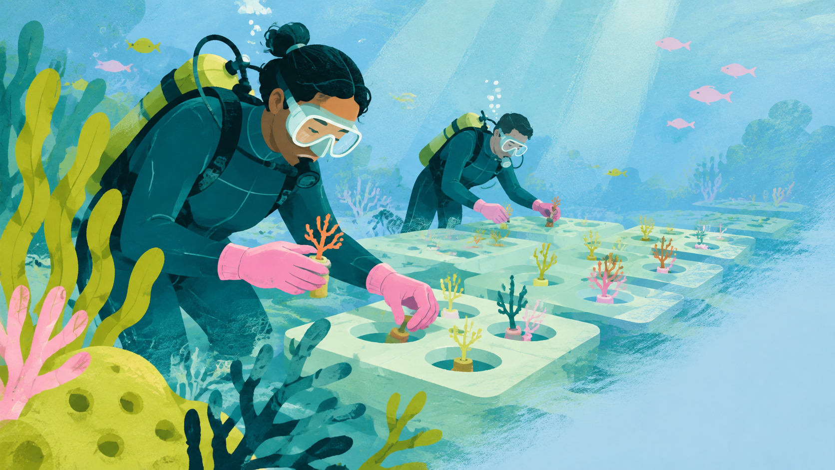 Gloved hands moving coral fragments into protective underwater trays — original editorial illustration for The Good Daily.
