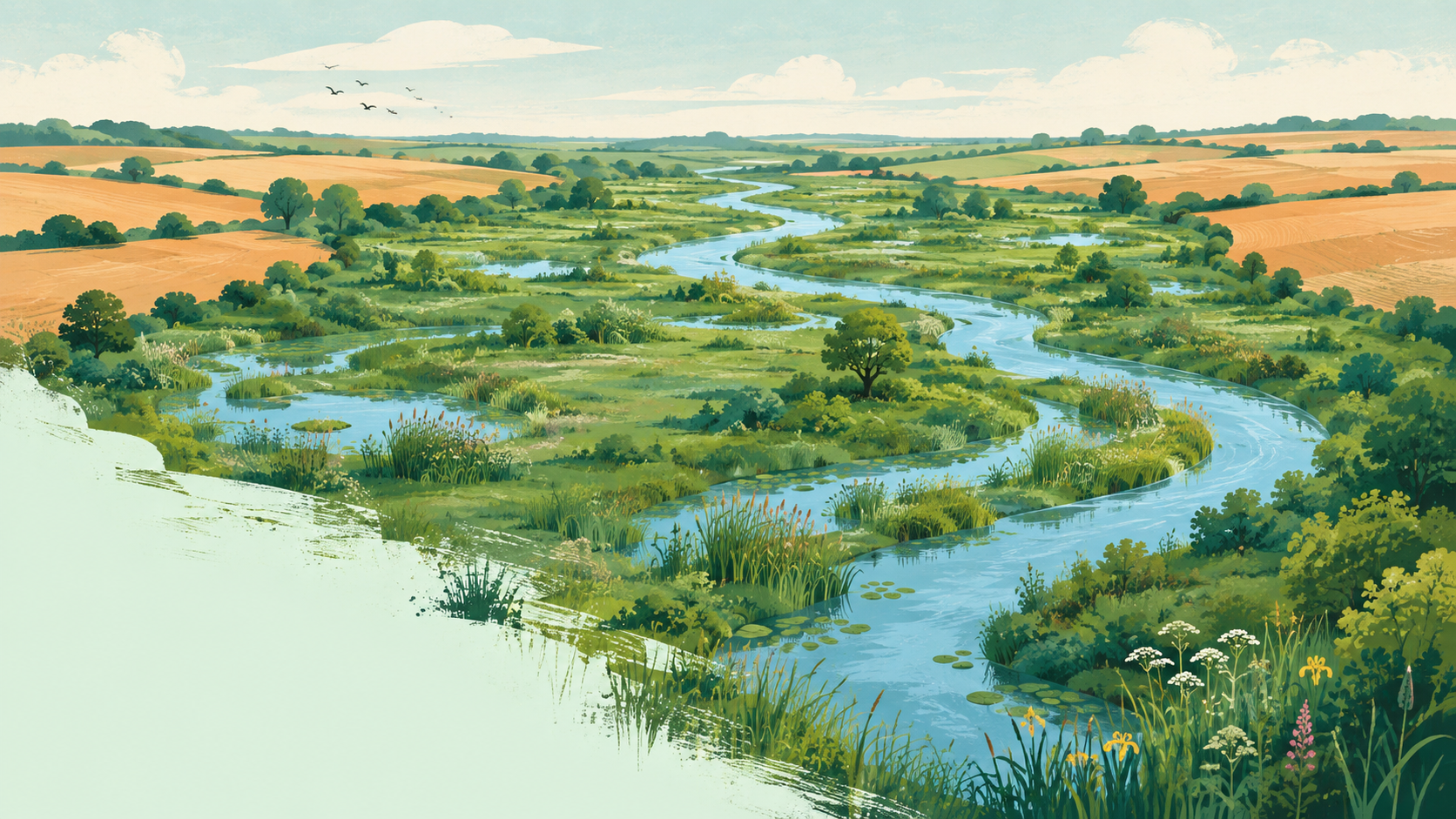 Elevated landscape of green wetland amid muted dry fields — original editorial illustration for The Good Daily.
