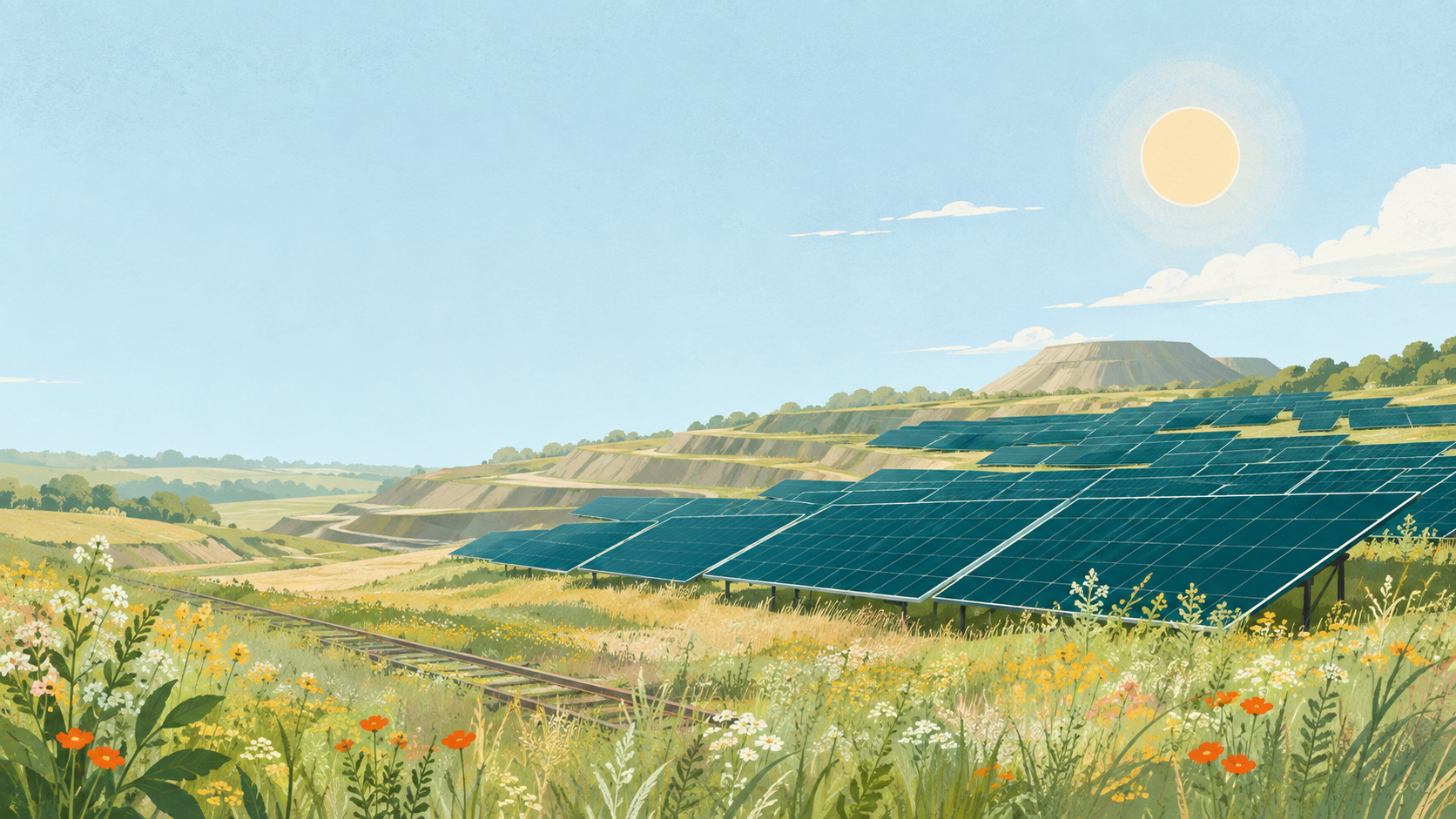Solar panels on reclaimed former mine land softened by grasses — original editorial illustration for The Good Daily.