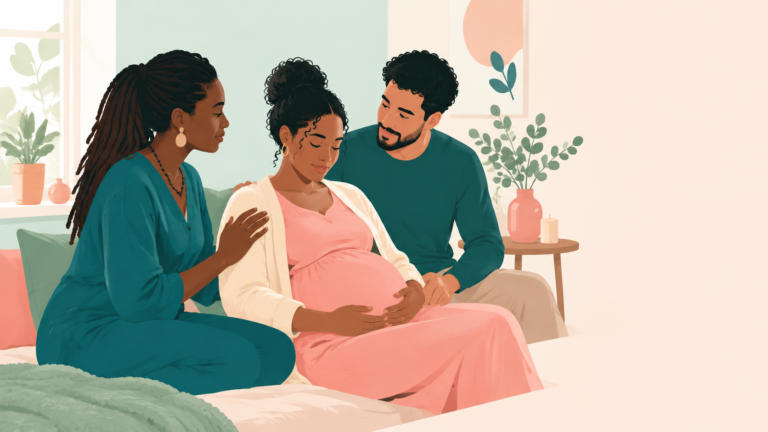 Doula calmly supporting expectant parent in warm care room — original editorial illustration for The Good Daily.