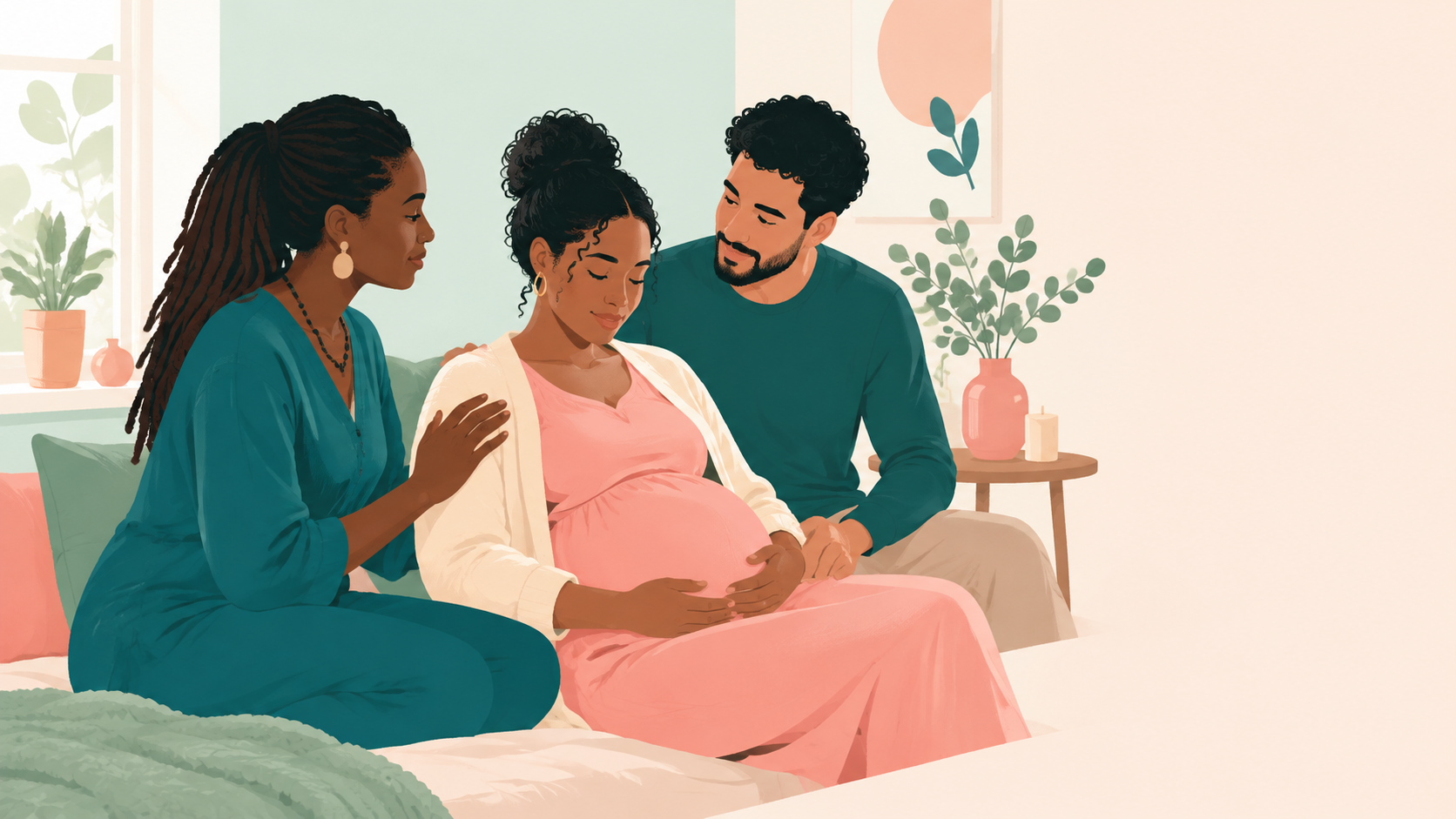 Doula calmly supporting expectant parent in warm care room — original editorial illustration for The Good Daily.