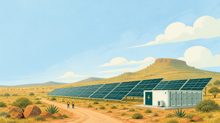 Northern Cape solar arrays and battery storage under warm sky — original editorial illustration for The Good Daily.
