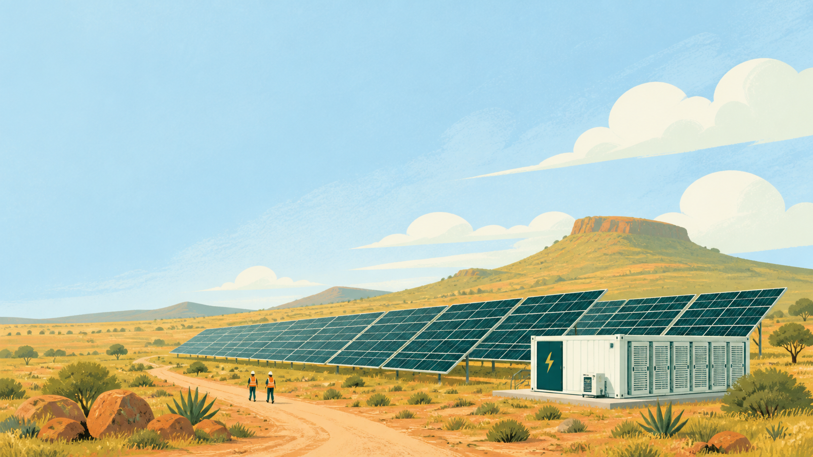 Northern Cape solar arrays and battery storage under warm sky — original editorial illustration for The Good Daily.