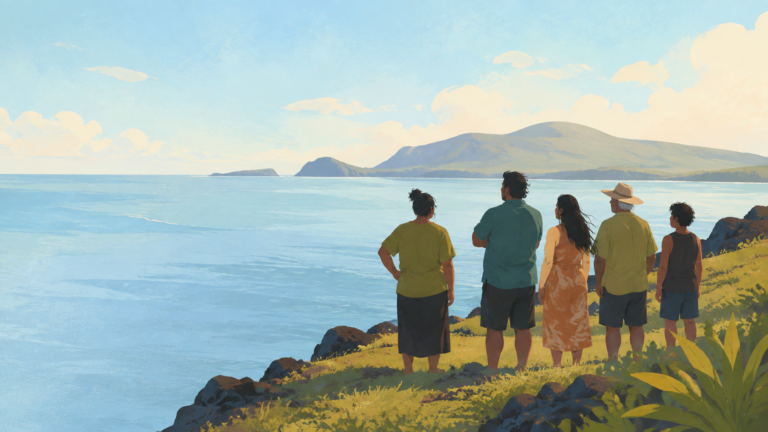 Rapa Nui shore and ocean stewardship suggested by people looking over water — original editorial illustration for The Good Daily.