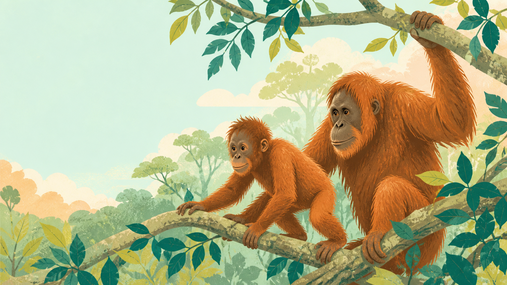 Orangutan adult and young returning through simplified forest canopy — original editorial illustration for The Good Daily.