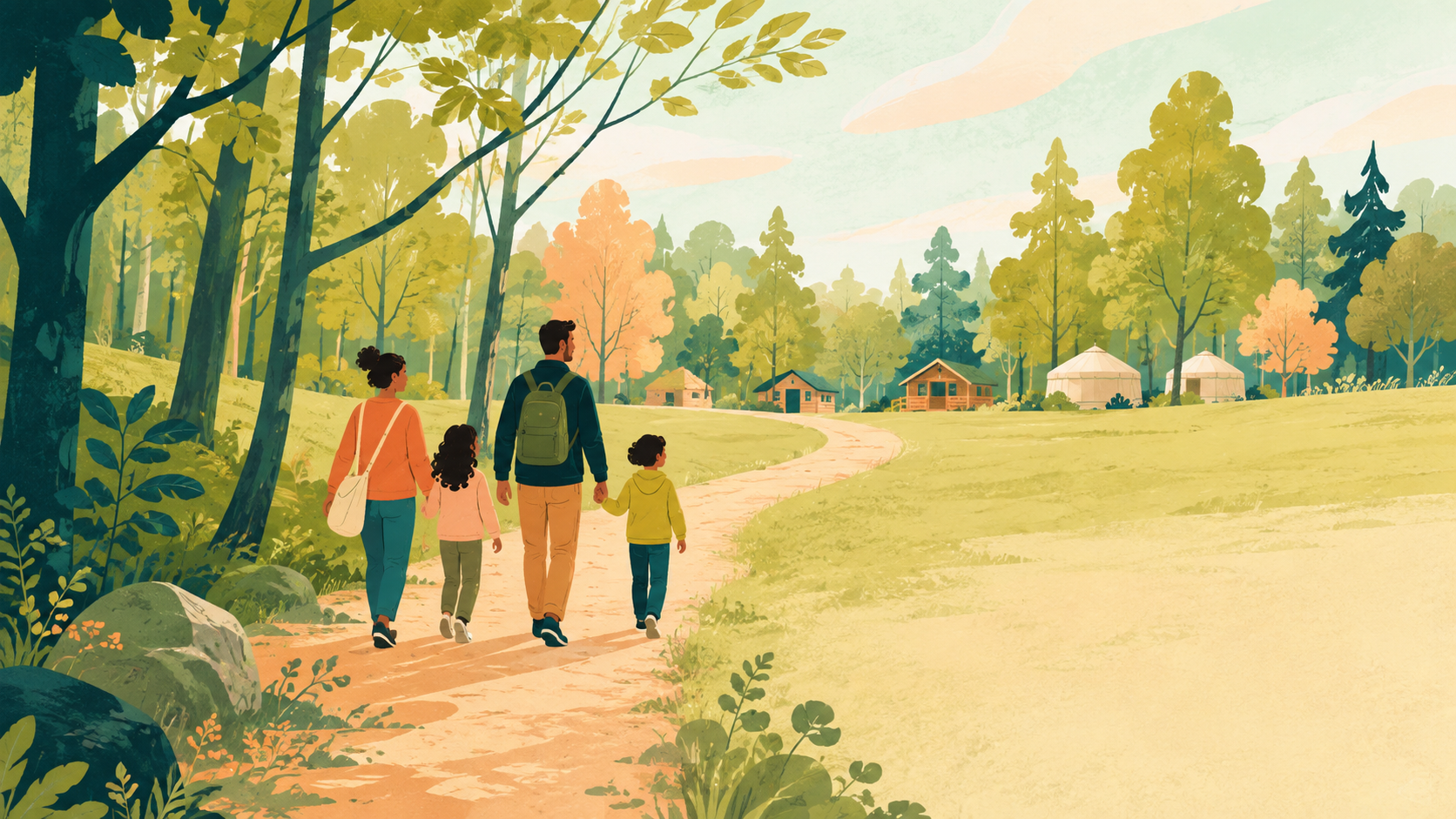 Public woodland trail with cabins or yurts and family entering shared space — original editorial illustration for The Good Daily.