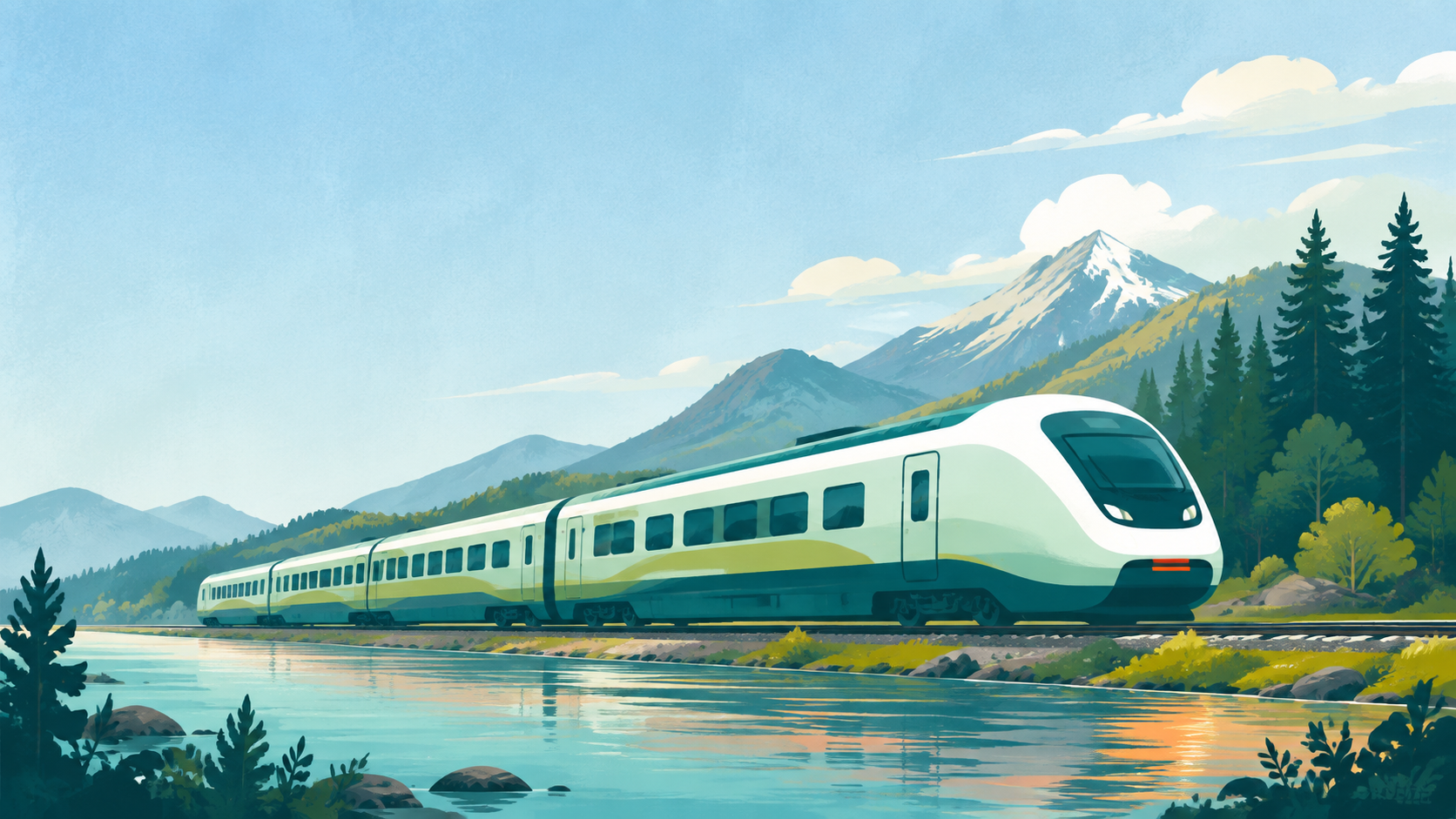 Simplified clean passenger train through Pacific Northwest landscape — original editorial illustration for The Good Daily.