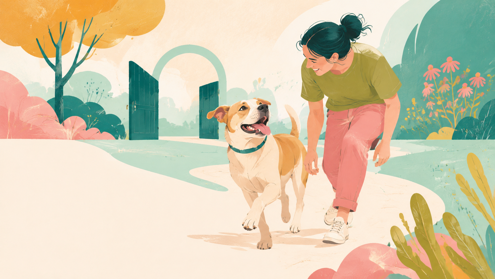 Shelter dog outside playing with volunteer, open gate as light context — original editorial illustration for The Good Daily.