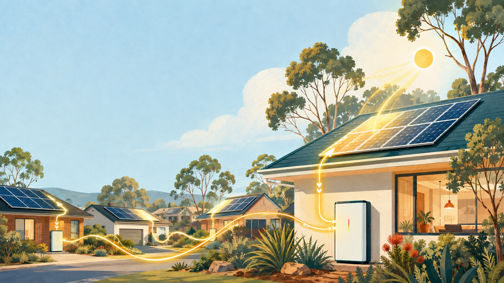 Australian homes storing sunlight with rooftop solar and a simple battery — original editorial illustration for The Good Daily.