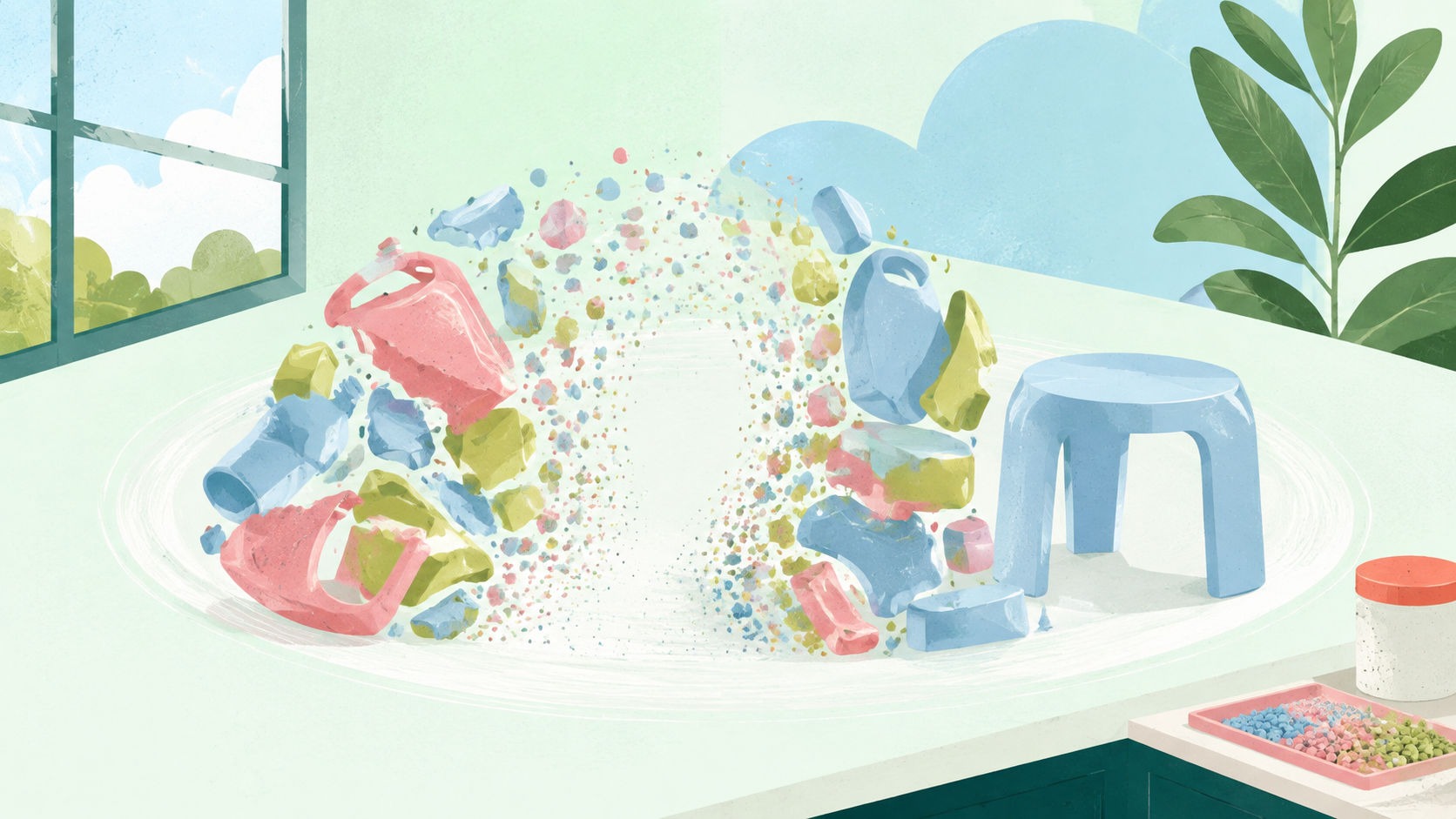 Abstract reusable material dissolving and reforming on clean lab bench — original editorial illustration for The Good Daily.