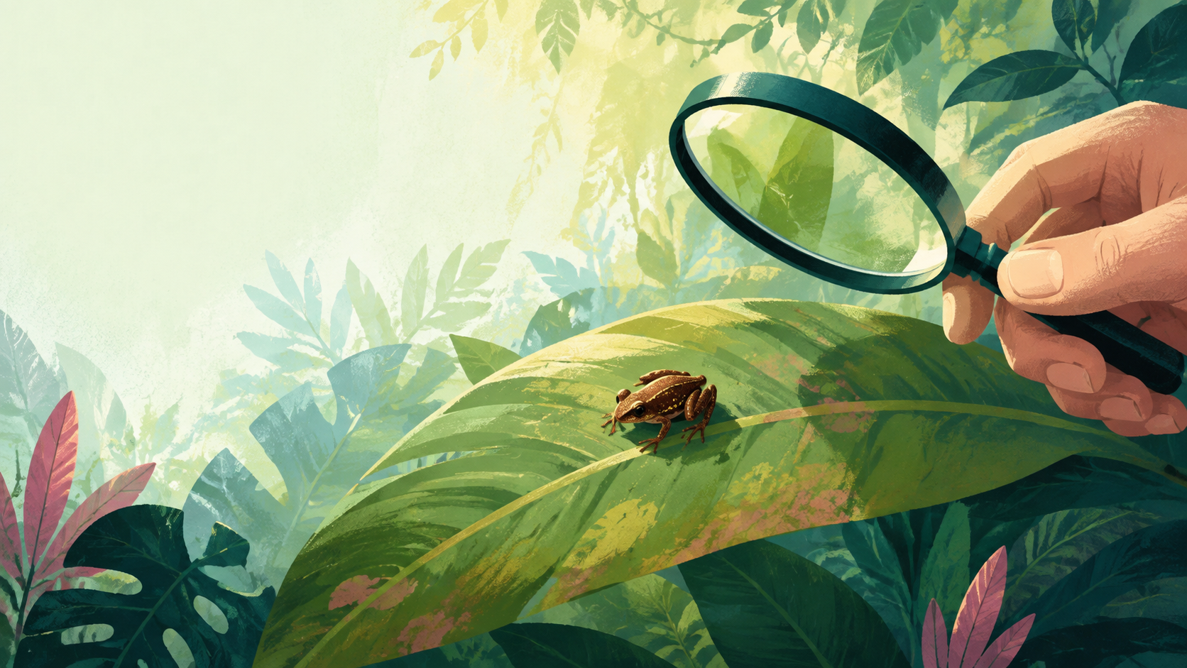 Tiny frog noticed on a leaf with careful researcher hand nearby — original editorial illustration for The Good Daily.