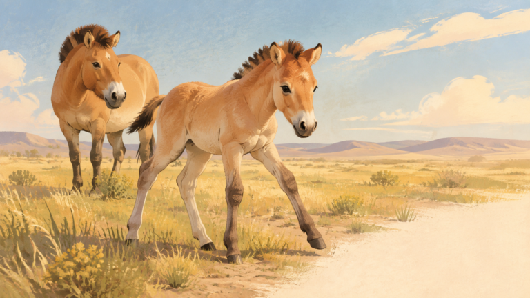 Przewalski’s foal standing on Central Kazakhstan steppe near adult horse — original editorial illustration for The Good Daily.