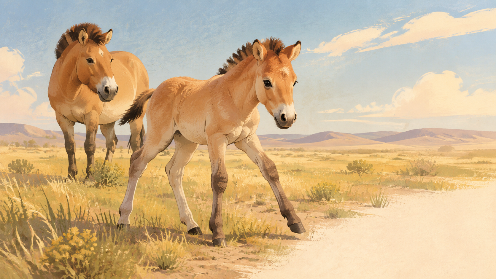 Przewalski’s foal standing on Central Kazakhstan steppe near adult horse — original editorial illustration for The Good Daily.