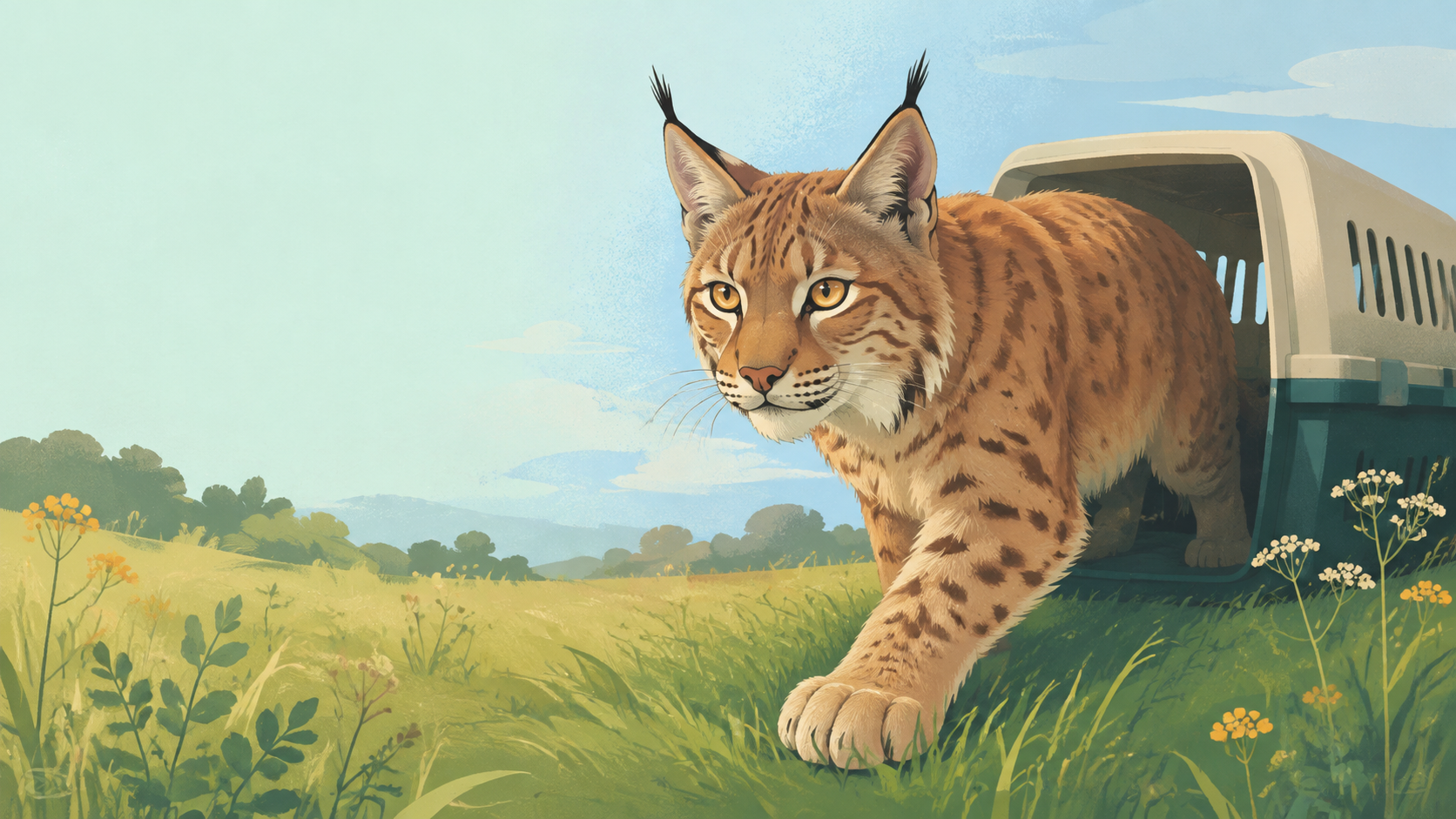 Rescued lynx stepping onto soft grass in sanctuary with crate behind — original editorial illustration for The Good Daily.
