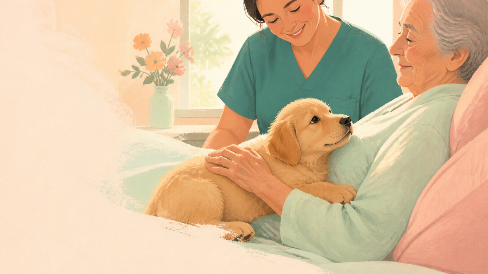 Patient hand resting on golden retriever puppy, nurse nearby — original editorial illustration for The Good Daily.