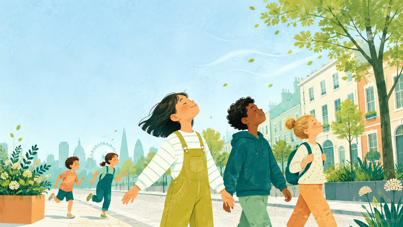 Children near greener London street under open clean sky — original editorial illustration for The Good Daily.