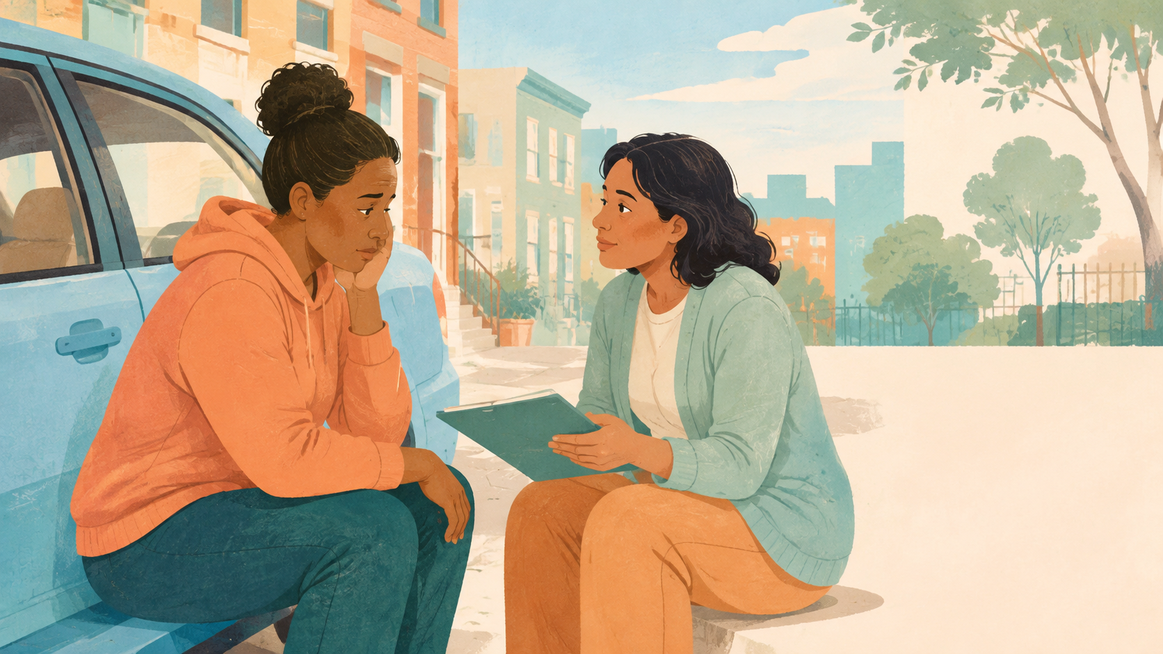 Crisis responder listening and offering next steps near parked car — original editorial illustration for The Good Daily.