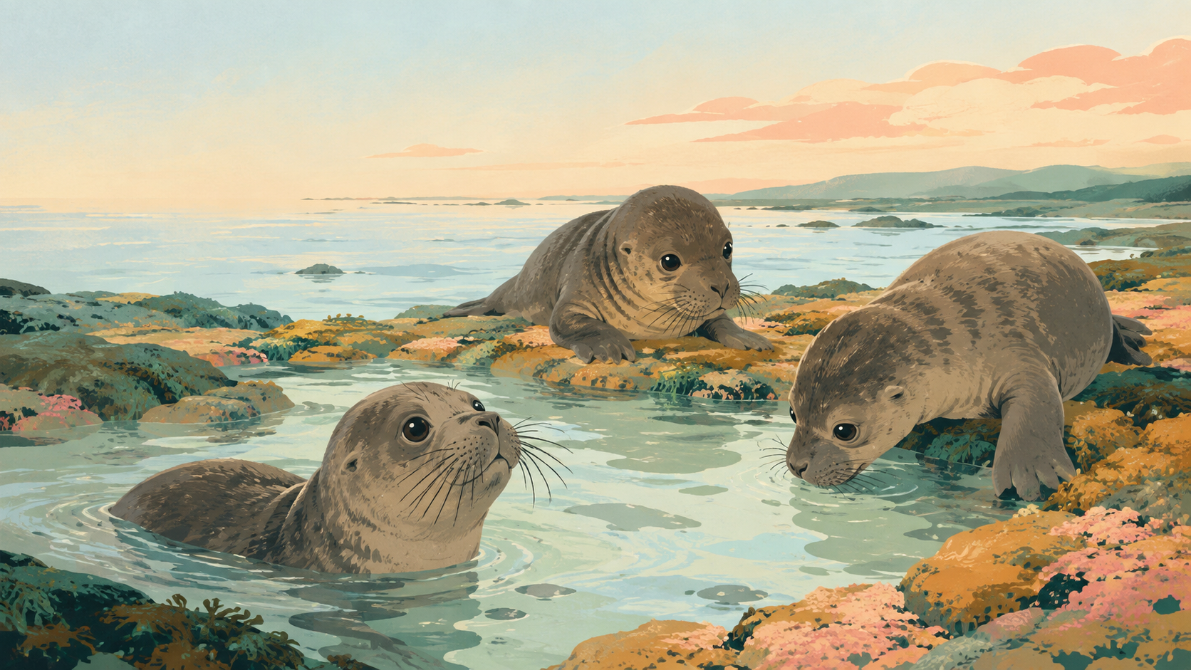 Elephant seal pups exploring shallow rock pools at ocean edge — original editorial illustration for The Good Daily.
