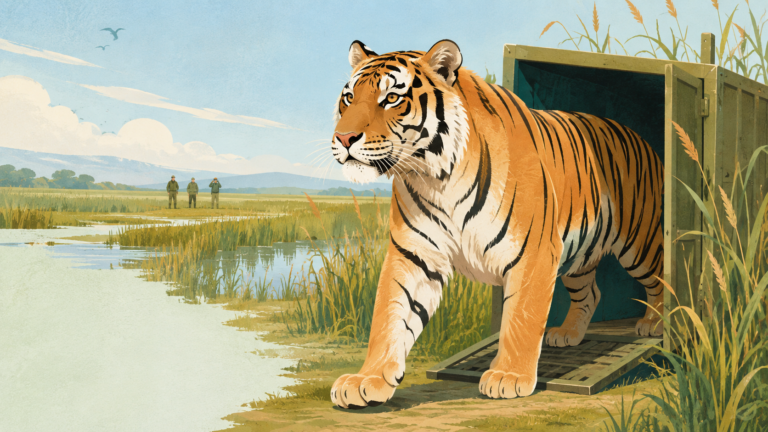 Tiger stepping from opened transport crate into restored reed landscape — original editorial illustration for The Good Daily.