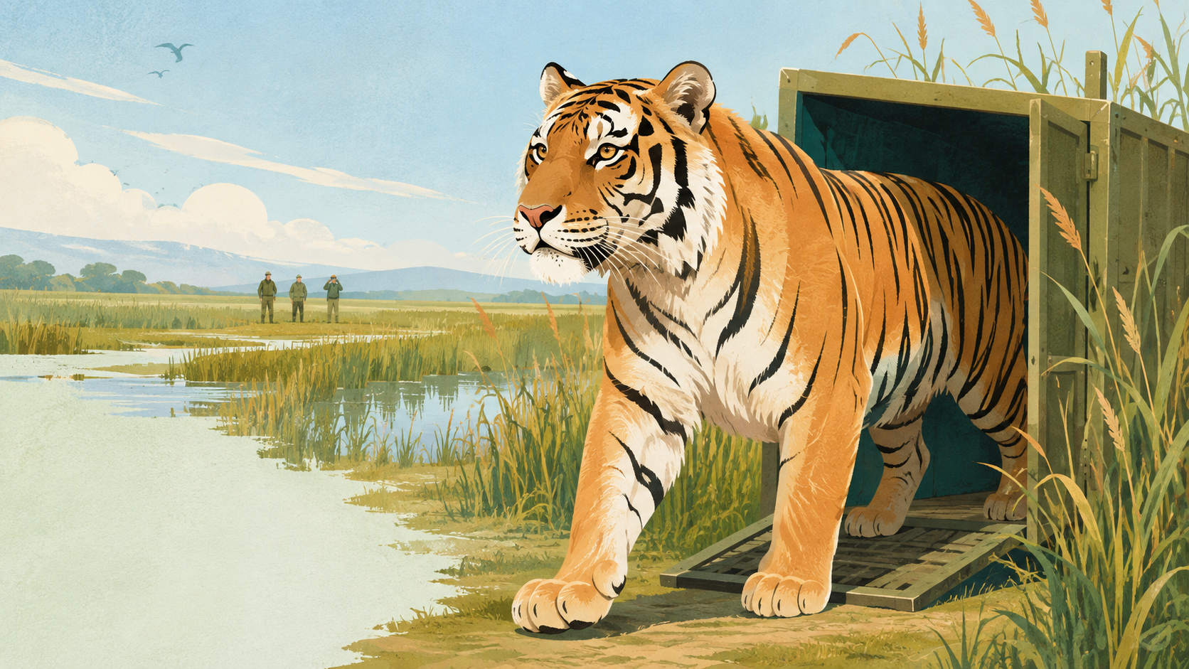 Tiger stepping from opened transport crate into restored reed landscape — original editorial illustration for The Good Daily.