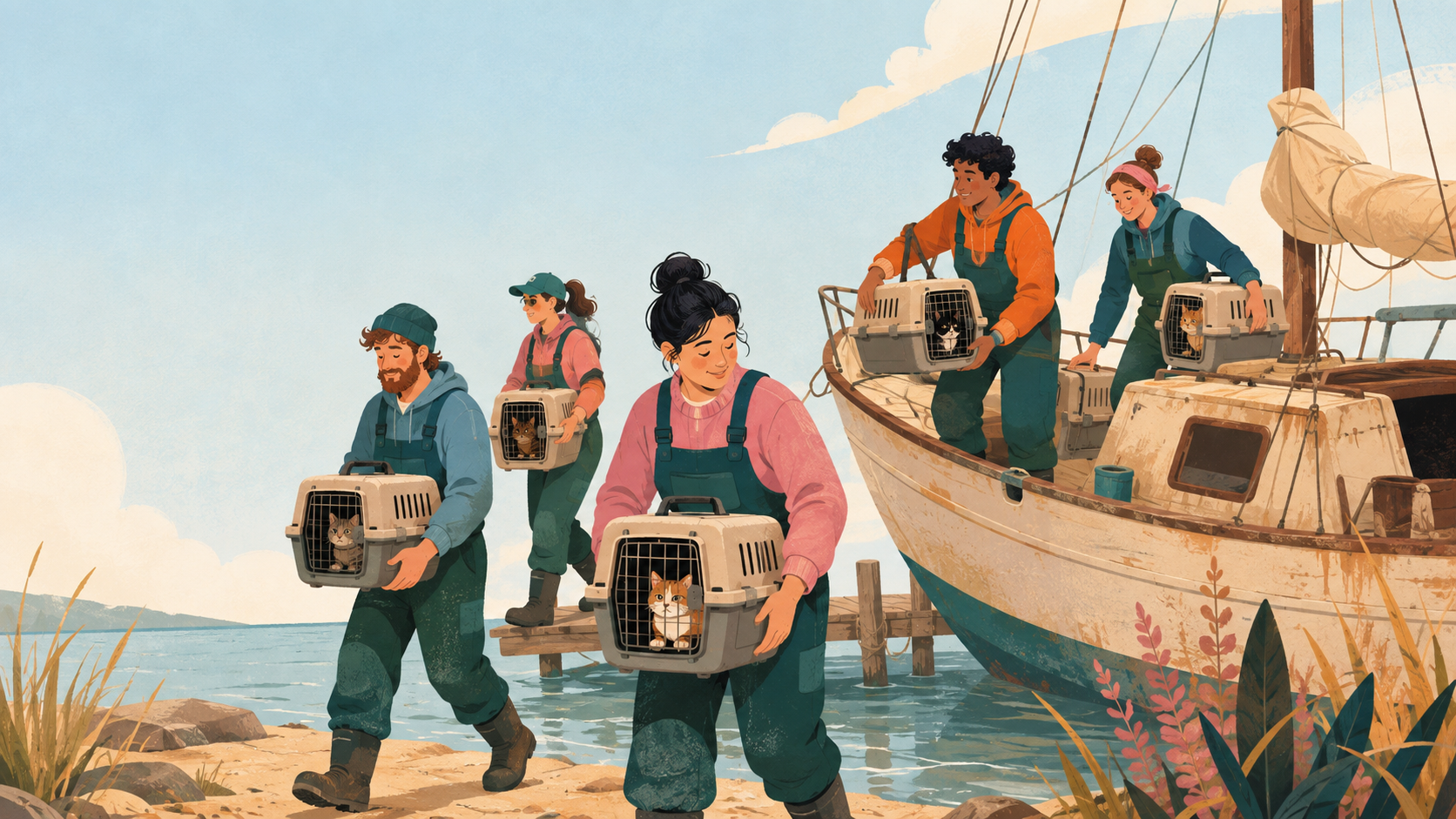 Rescuers carrying cats in plain carriers from sailboat to shore — original editorial illustration for The Good Daily.