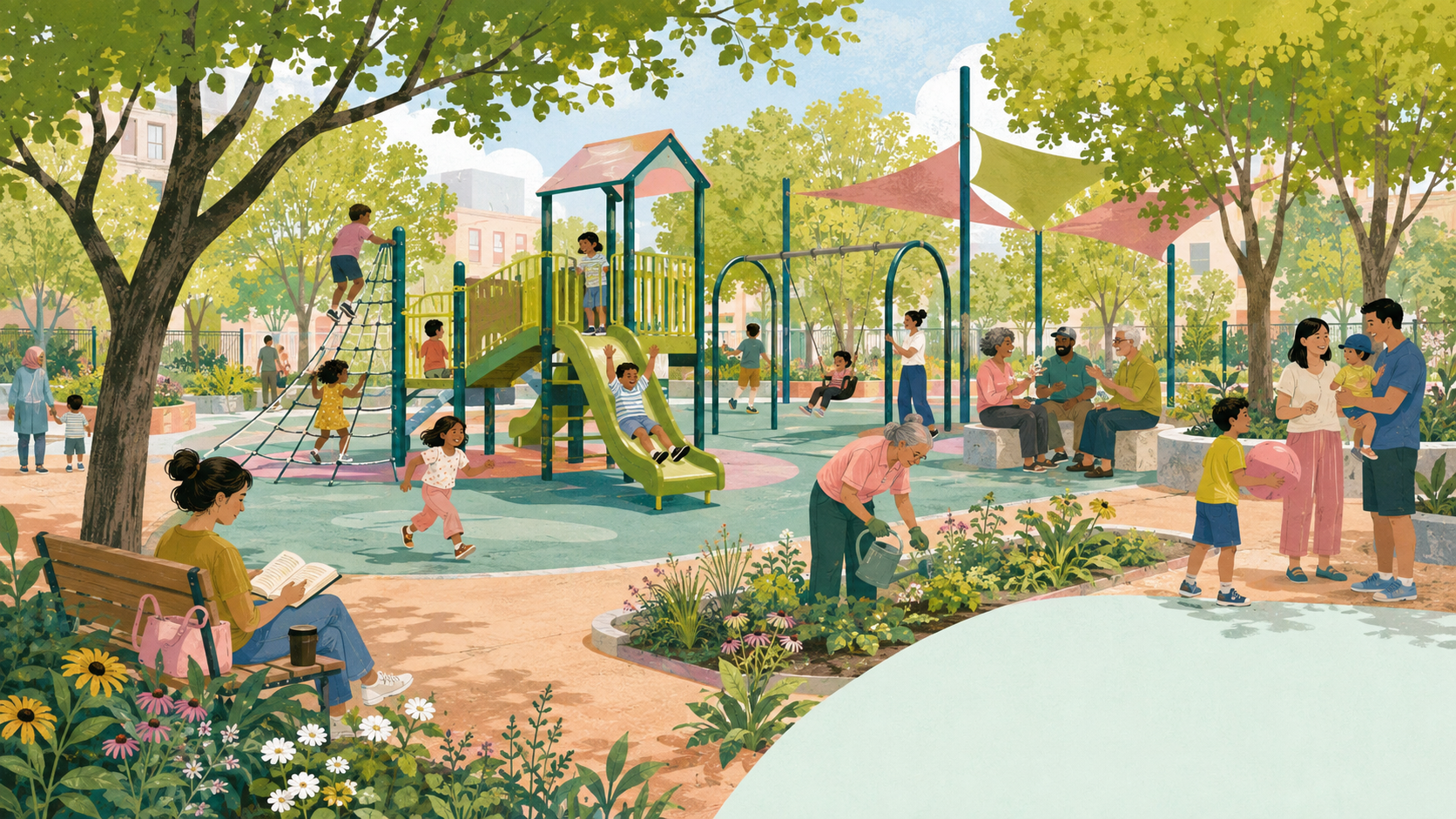Green schoolyard with shade trees, students, families, and play equipment — original editorial illustration for The Good Daily.