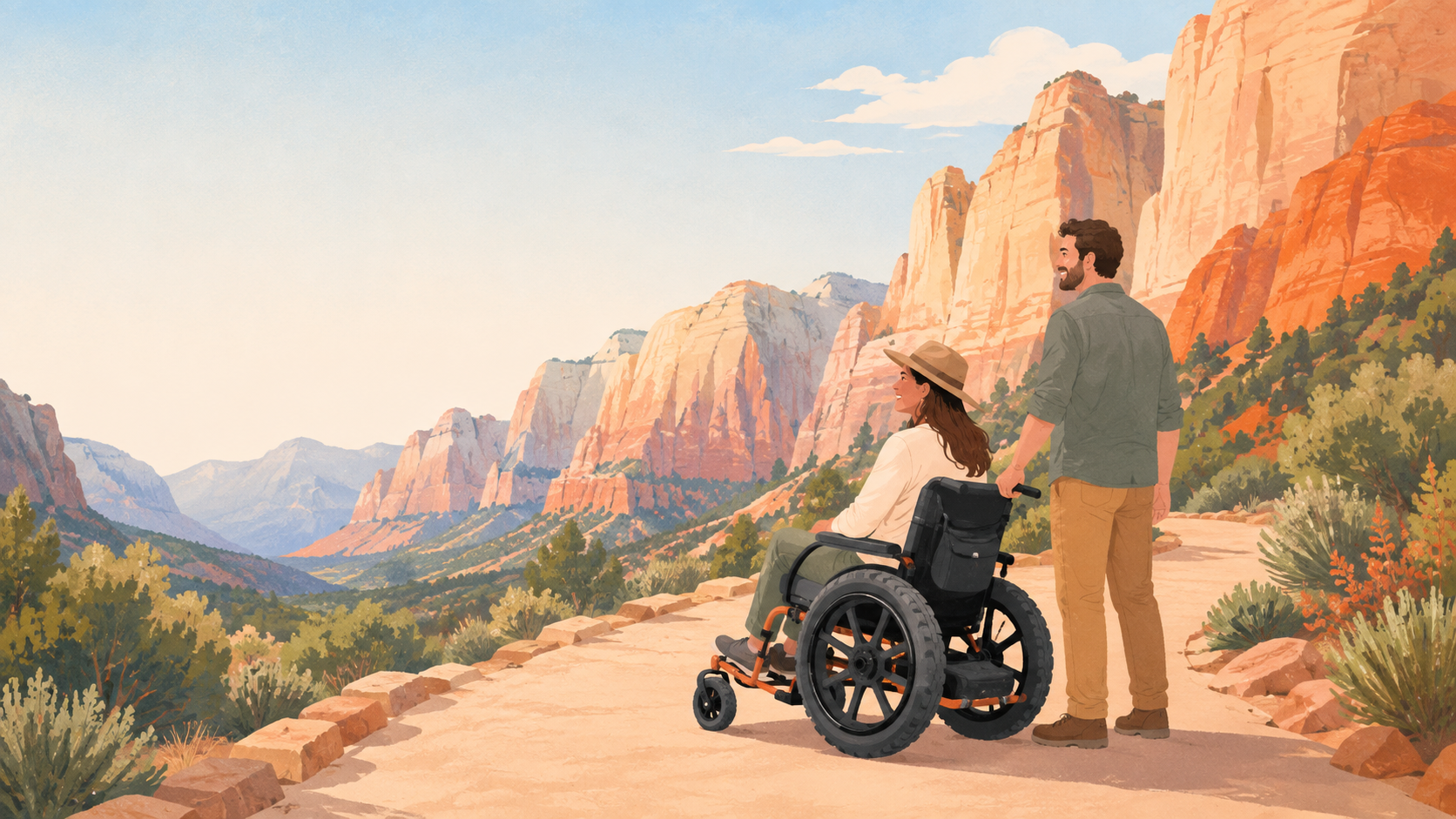 All-terrain wheelchair on accessible canyon trail with companion/helper — original editorial illustration for The Good Daily.