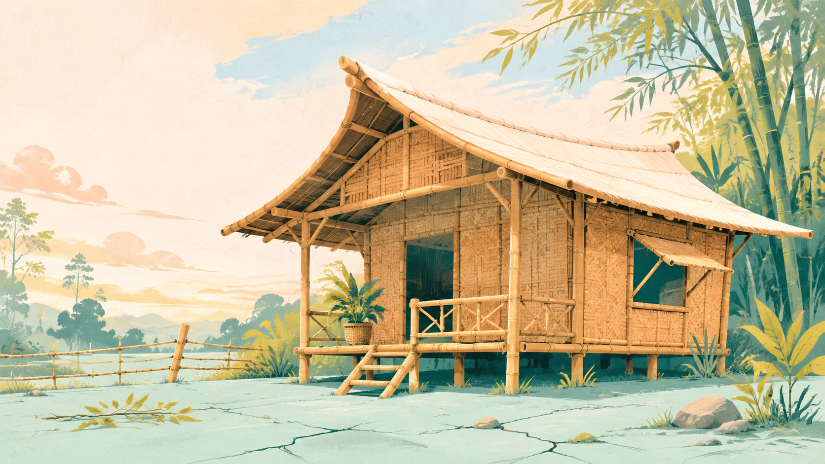 Intact bamboo tiny home with subtle earthquake disruption as context — original editorial illustration for The Good Daily.