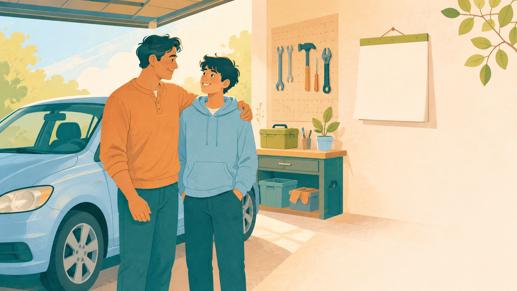 A parent and teenager working near a family car in a warm neighborhood garage.