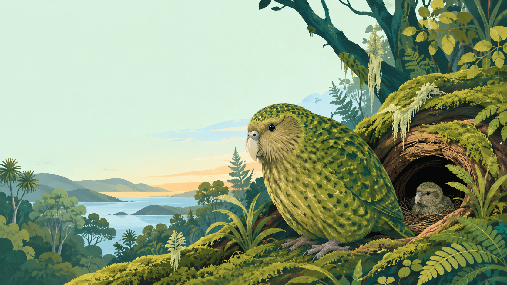 Editorial illustration for Kākāpō population reaches a 75-year high after record chick season