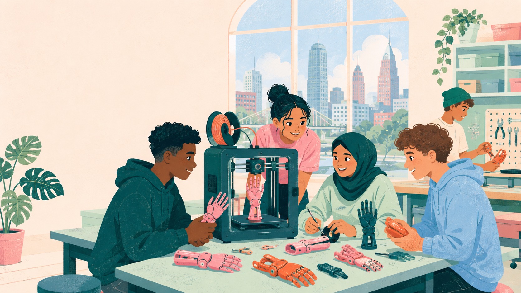 Editorial illustration for Cleveland teens use robotics skills to 3D-print prosthetics for children in Ecuador