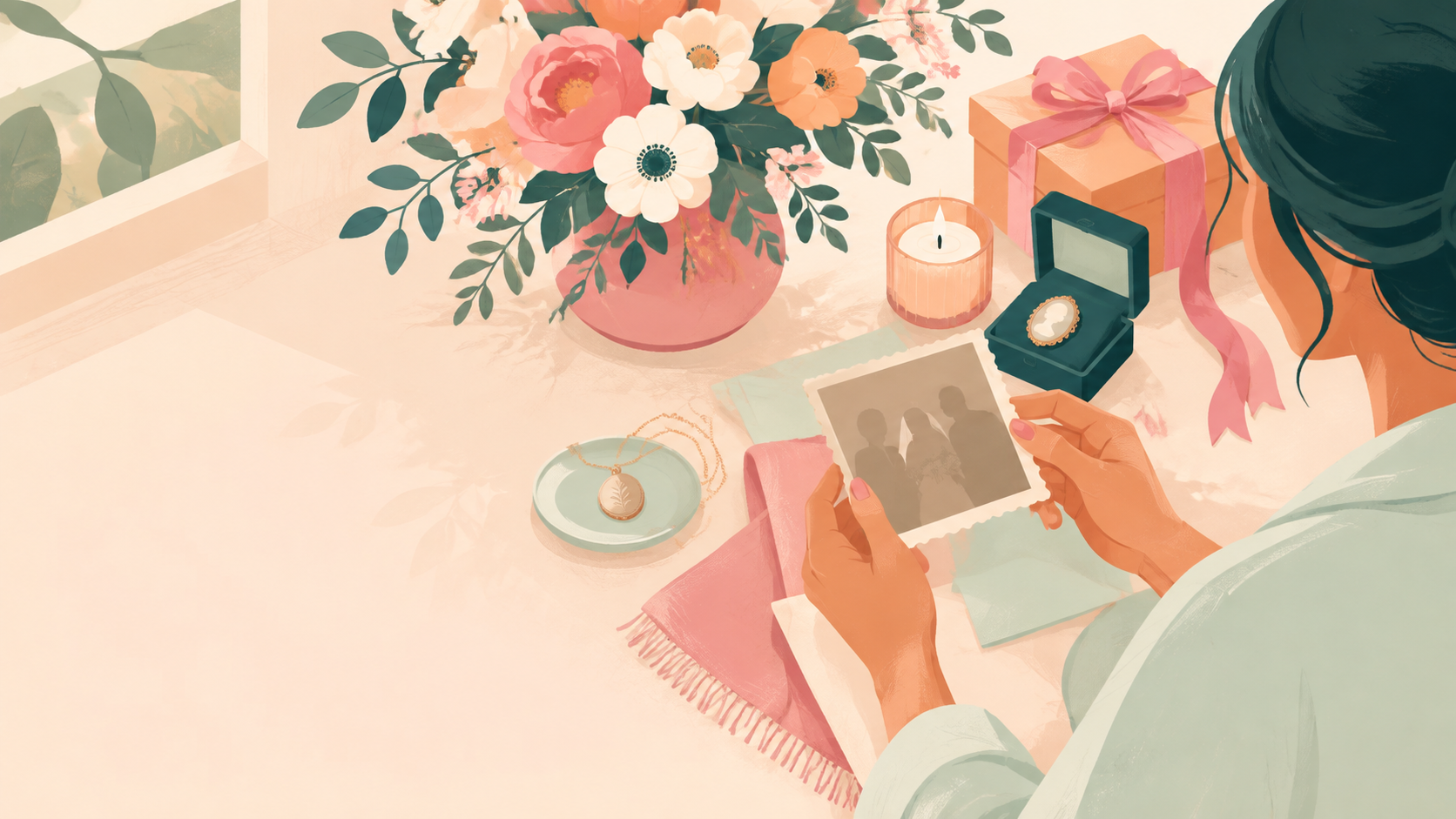 Flowers and family photos on a wedding-planning table, suggesting gratitude and legacy.