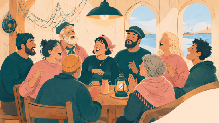 Editorial illustration for Community sea shanty groups turn old working songs into new belonging