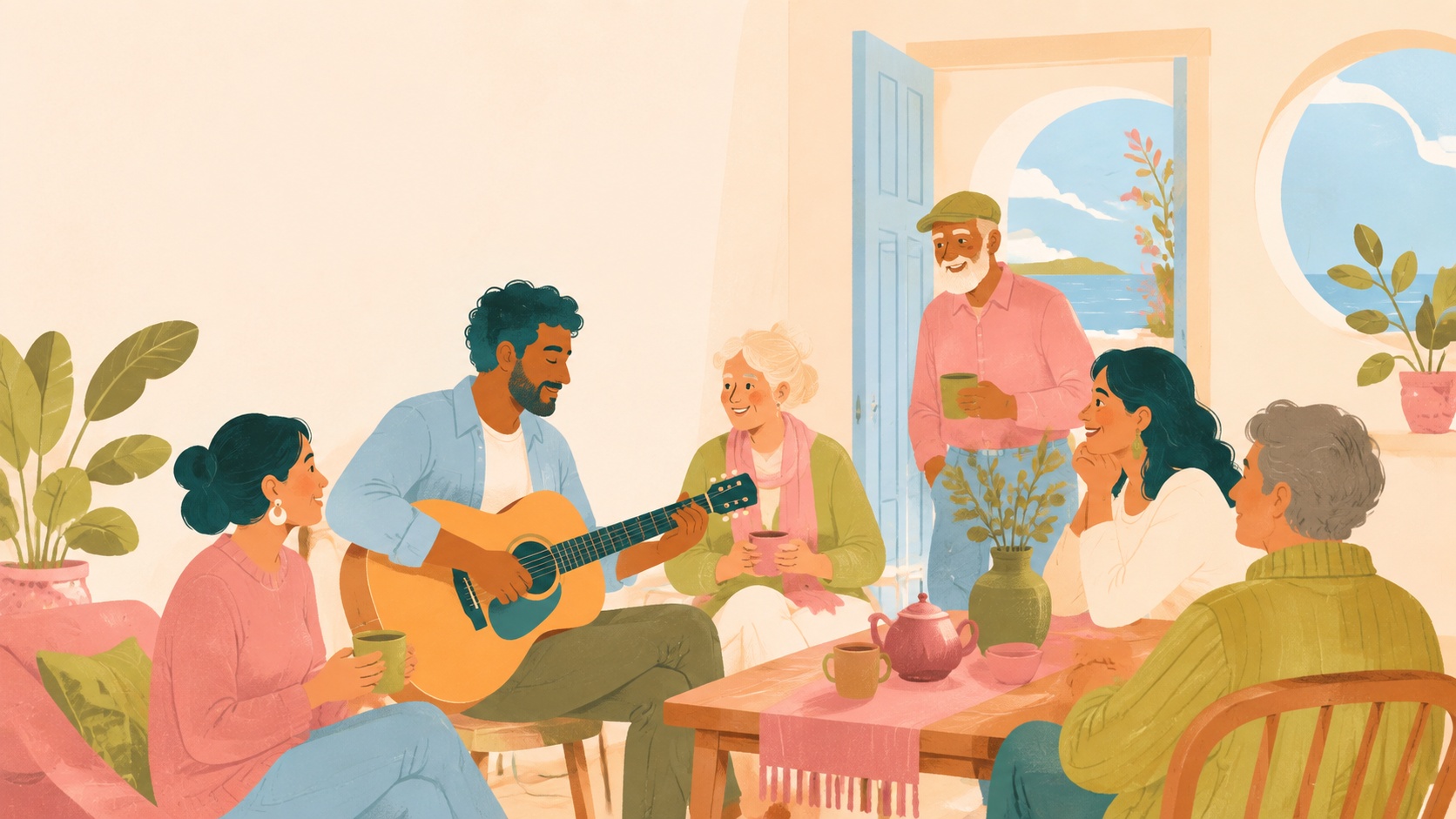 A small group of people gathering in warm light for music and community.