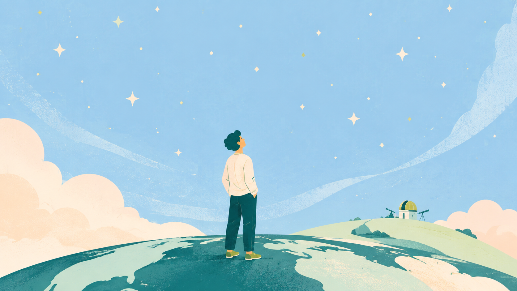 A person looking up beneath a starry sky with a telescope motif suggesting curiosity and wonder.