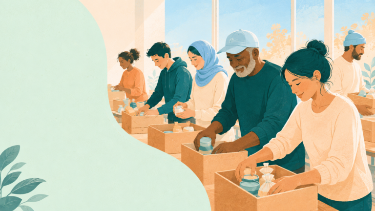 Volunteers packing meals together as an act of remembrance and service.